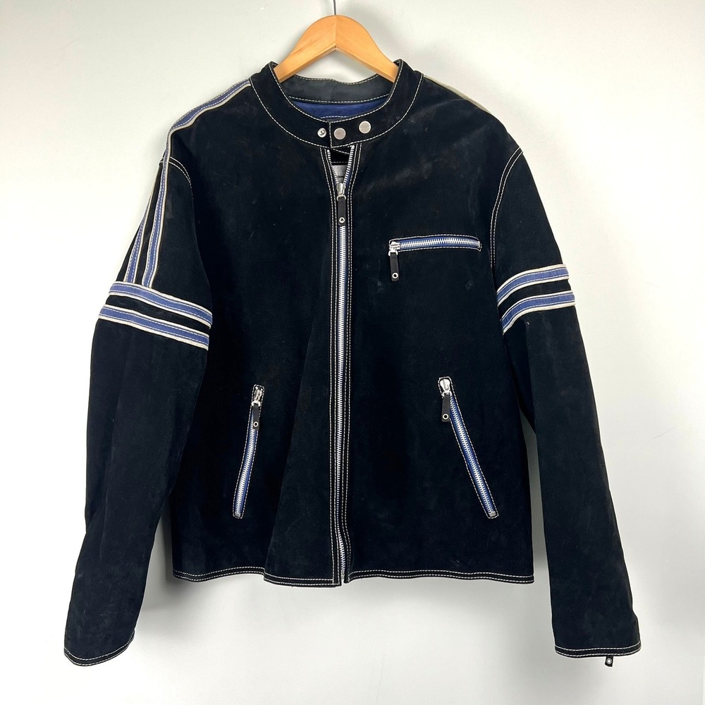 Wilsons M Julian Men Suede Cafe Racer Moto Jacket Stripes L Biker 90s Y2k Grunge